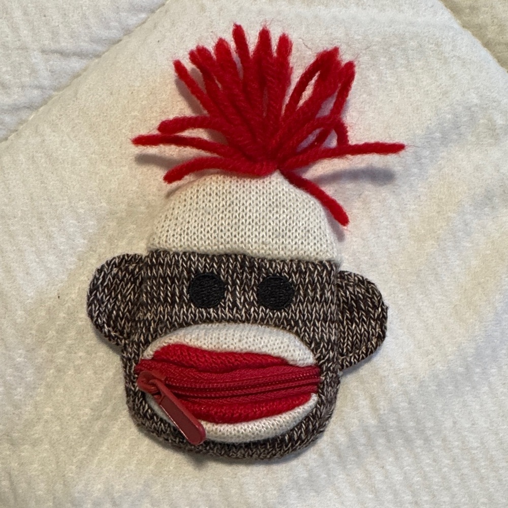Schylling Sock Monkey Coin Purse with Red Pom Pom hair zipper mouth